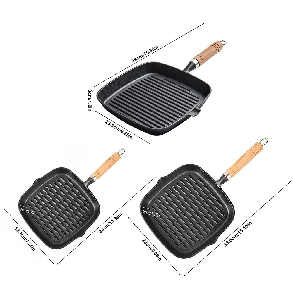 Cast iron square grill pans with wooden handles in three sizes, featuring ridged cooking surfaces and drip spouts.