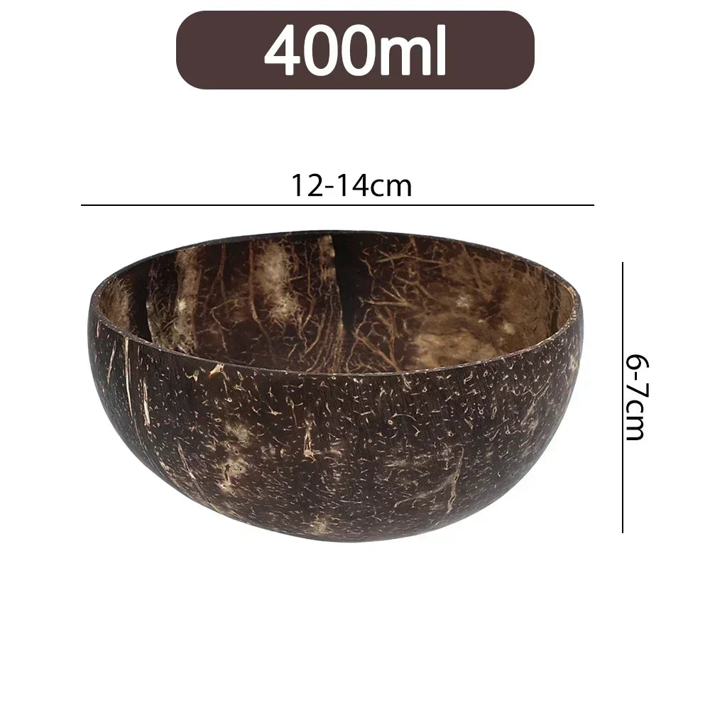 Natural coconut shell bowl, 400ml capacity, handcrafted with rustic texture, 12-14cm diameter, eco-friendly serving dish.