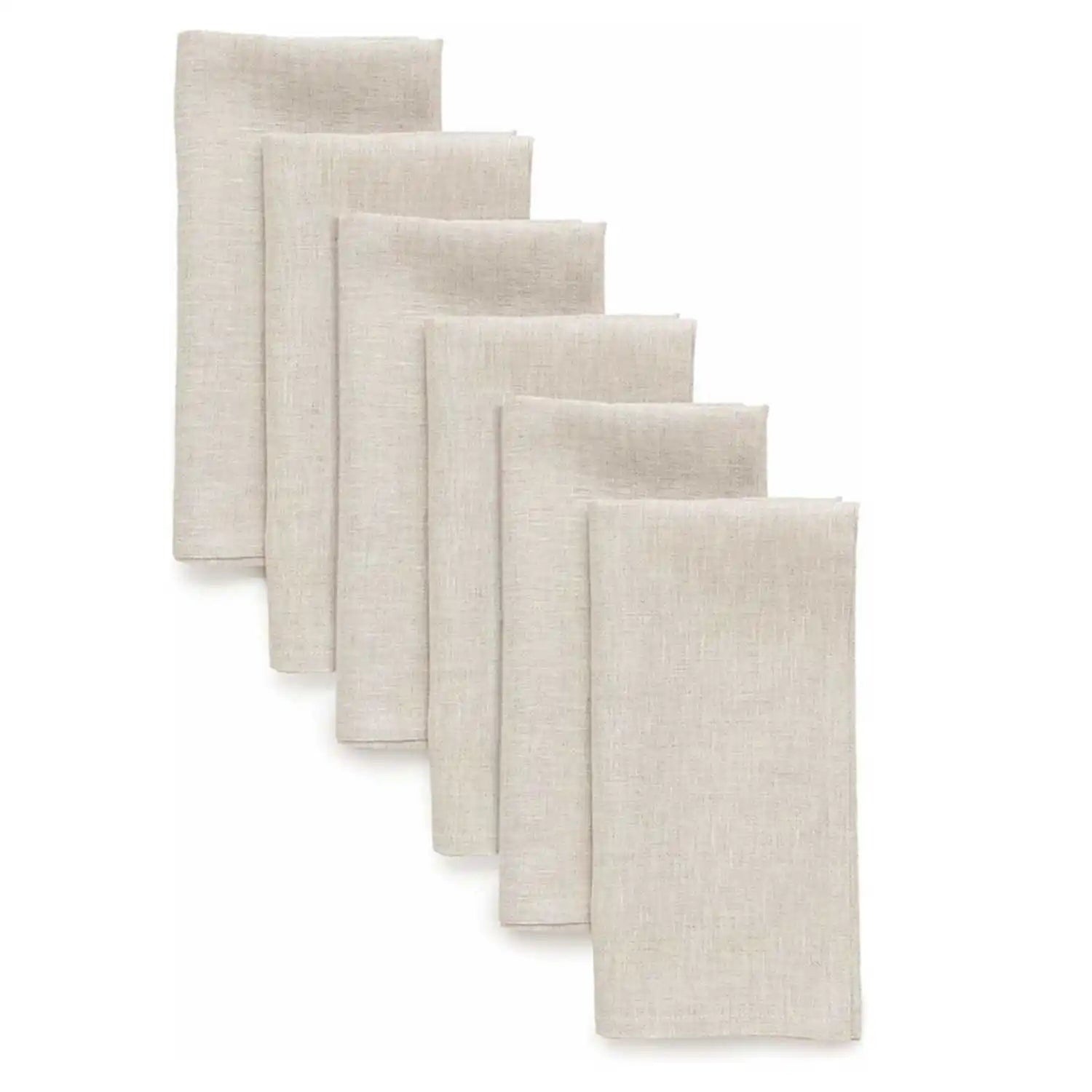 Set of 6 natural cotton linen table napkins in cream, displayed in graduated sizes, perfect for luxury eco-friendly dining.