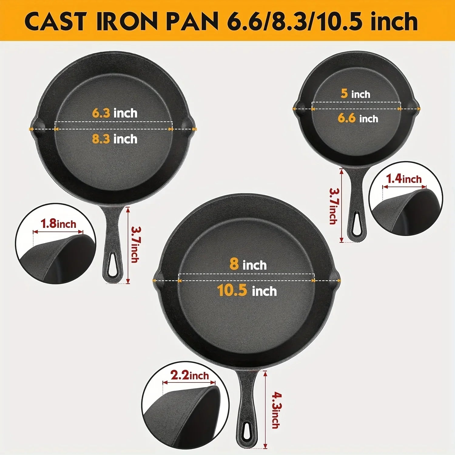 Three pre-seasoned cast iron skillets (6", 8", 10") with handles shown from top view, displaying measurements and depth speci