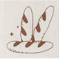 Handmade organic linen bread bags with illustrated baguettes and loaves design, reusable eco-friendly kitchen storage.