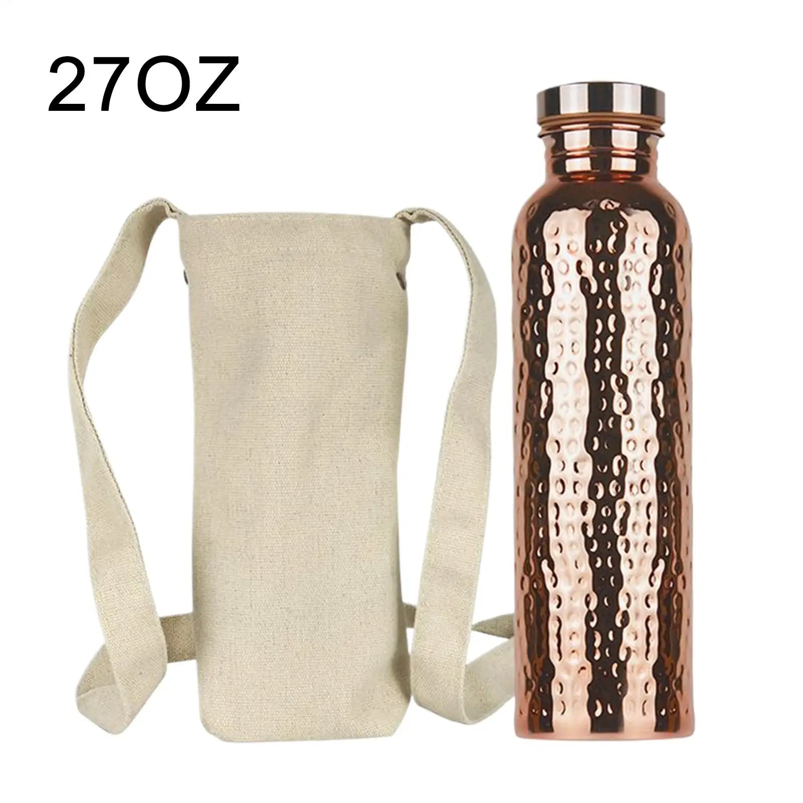 Copper water bottle 27oz with hammered finish and stainless steel cap, shown with cream canvas shoulder carry bag.