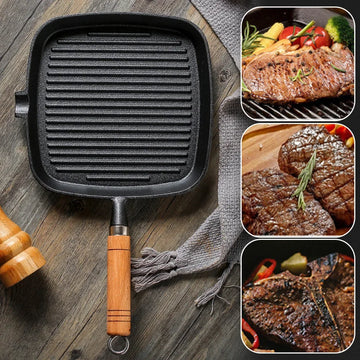 Cast iron square grill pan with wooden handle, drip spout, and three cooked steak examples on wooden surface