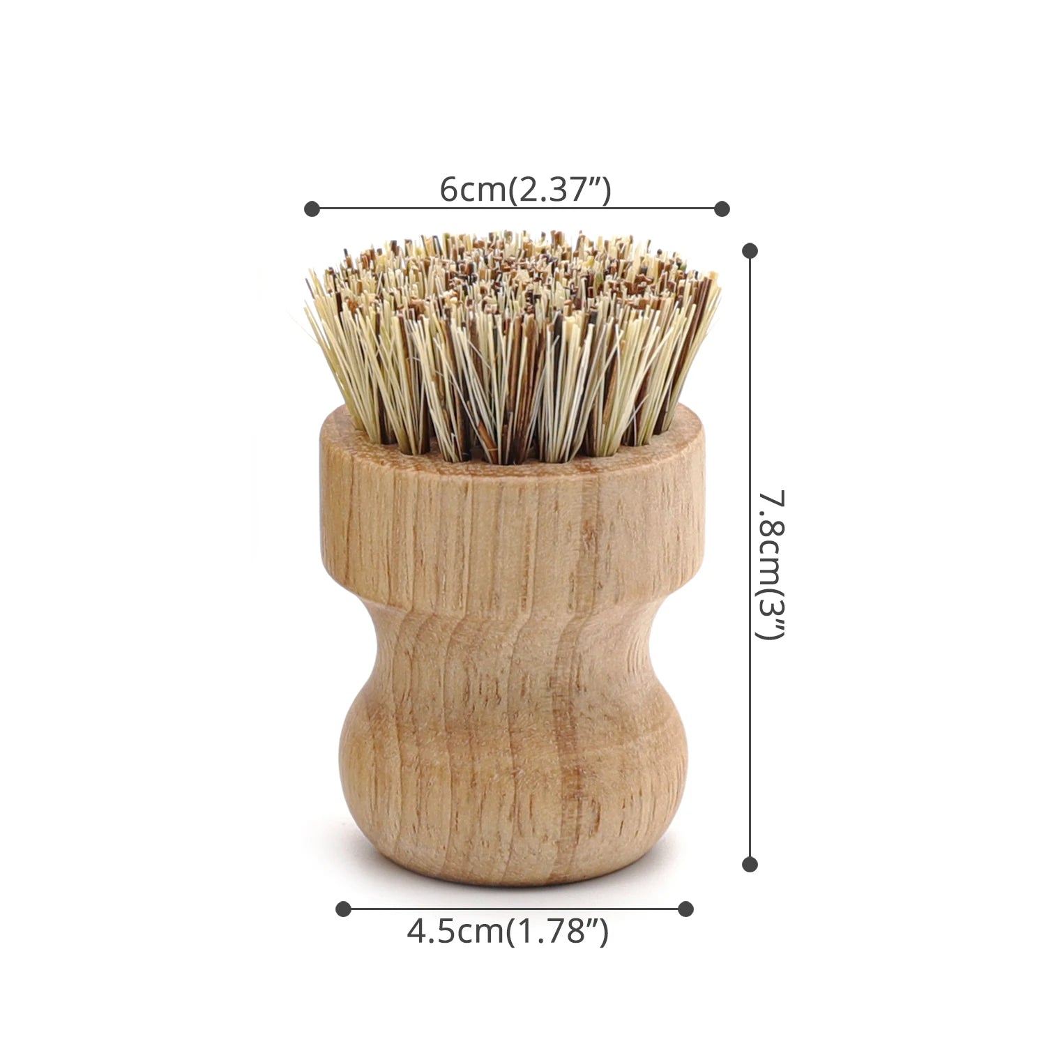 Wooden bamboo dish brush with natural bristles, showing 7.8cm height, 6cm brush head width, and replaceable brush head design