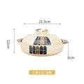 Beige earthenware clay casserole pot with blue grid pattern, 0.8L capacity, 21.5cm width, featuring lid and dual handles for 