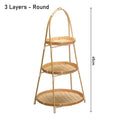 Three-tier round bamboo basket stand, 45cm tall, woven natural baskets with handles for eco-friendly kitchen storage and pant