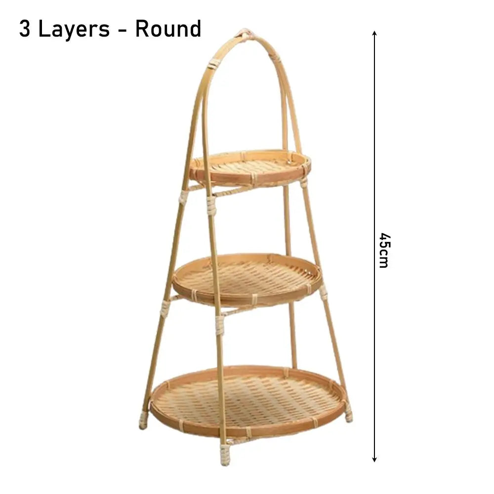 Three-tier round bamboo basket stand, 45cm tall, woven natural baskets with handles for eco-friendly kitchen storage and pant