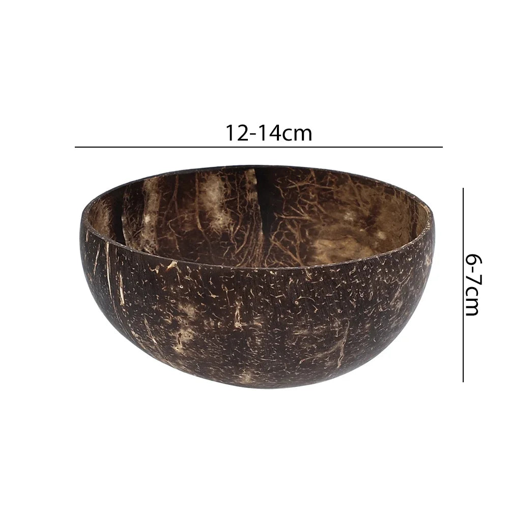 Natural coconut shell bowl, handcrafted, 12-14cm diameter, 7-9cm height, eco-friendly serving dish with textured exterior and