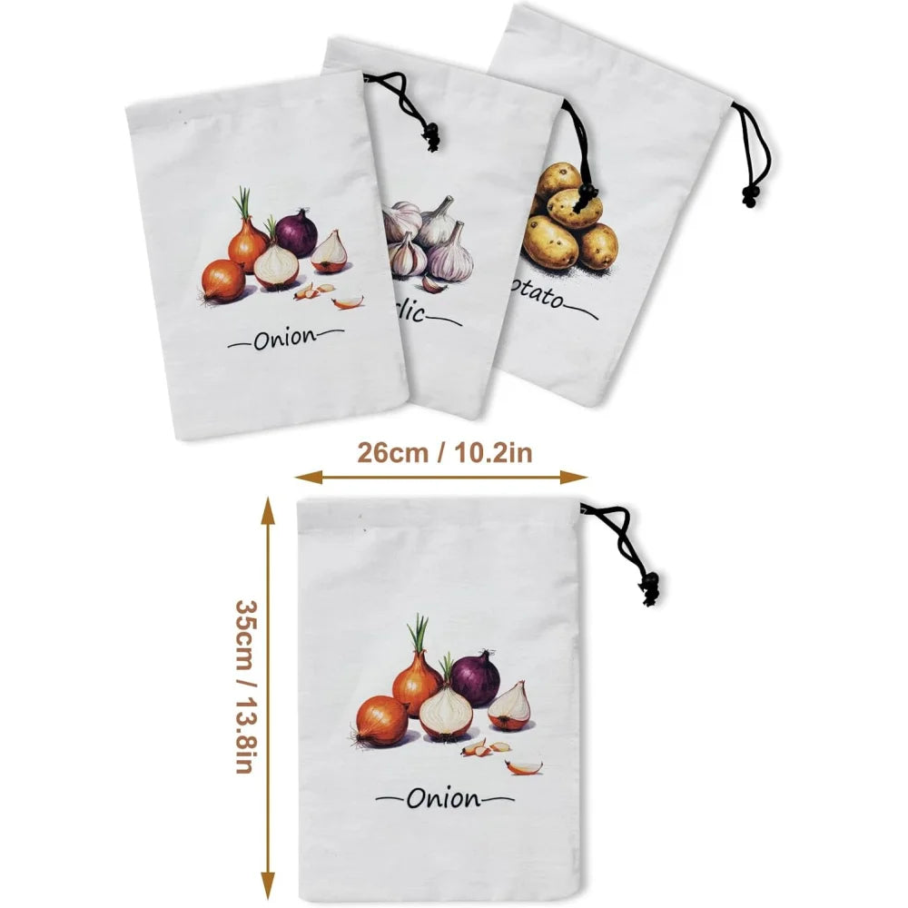 Three white canvas drawstring bags labeled Garlic, Onion, and Potato with illustrated vegetables and fresh produce displayed 