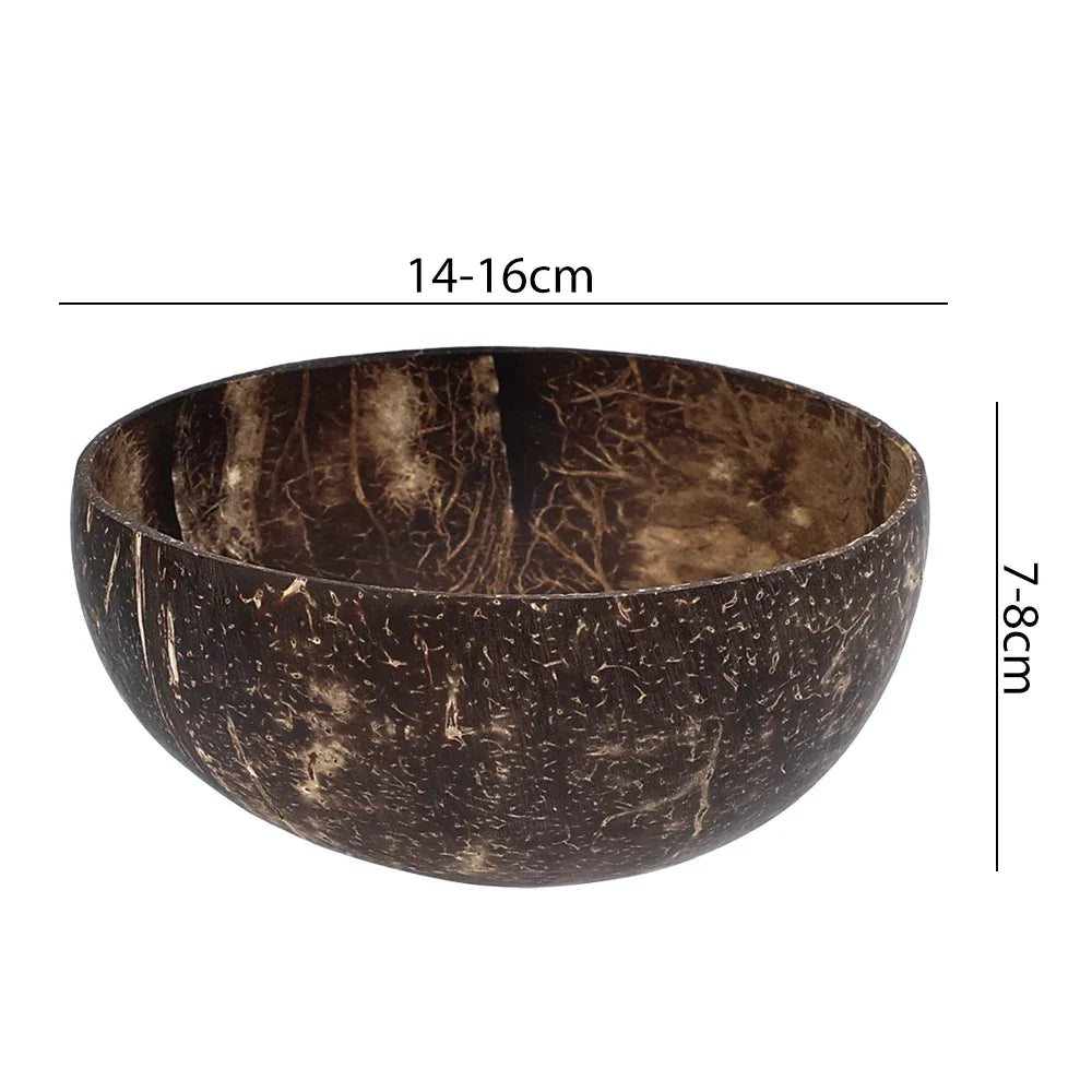 Natural coconut shell serving bowl, 14-16cm diameter, handcrafted with textured exterior and polished interior, eco-friendly 