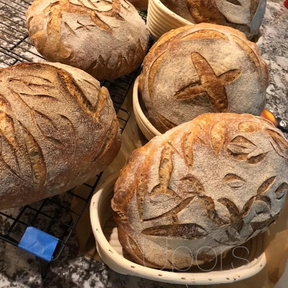 Natural rattan bread proofing baskets with freshly baked sourdough loaves showing scored patterns and flour dusting.
