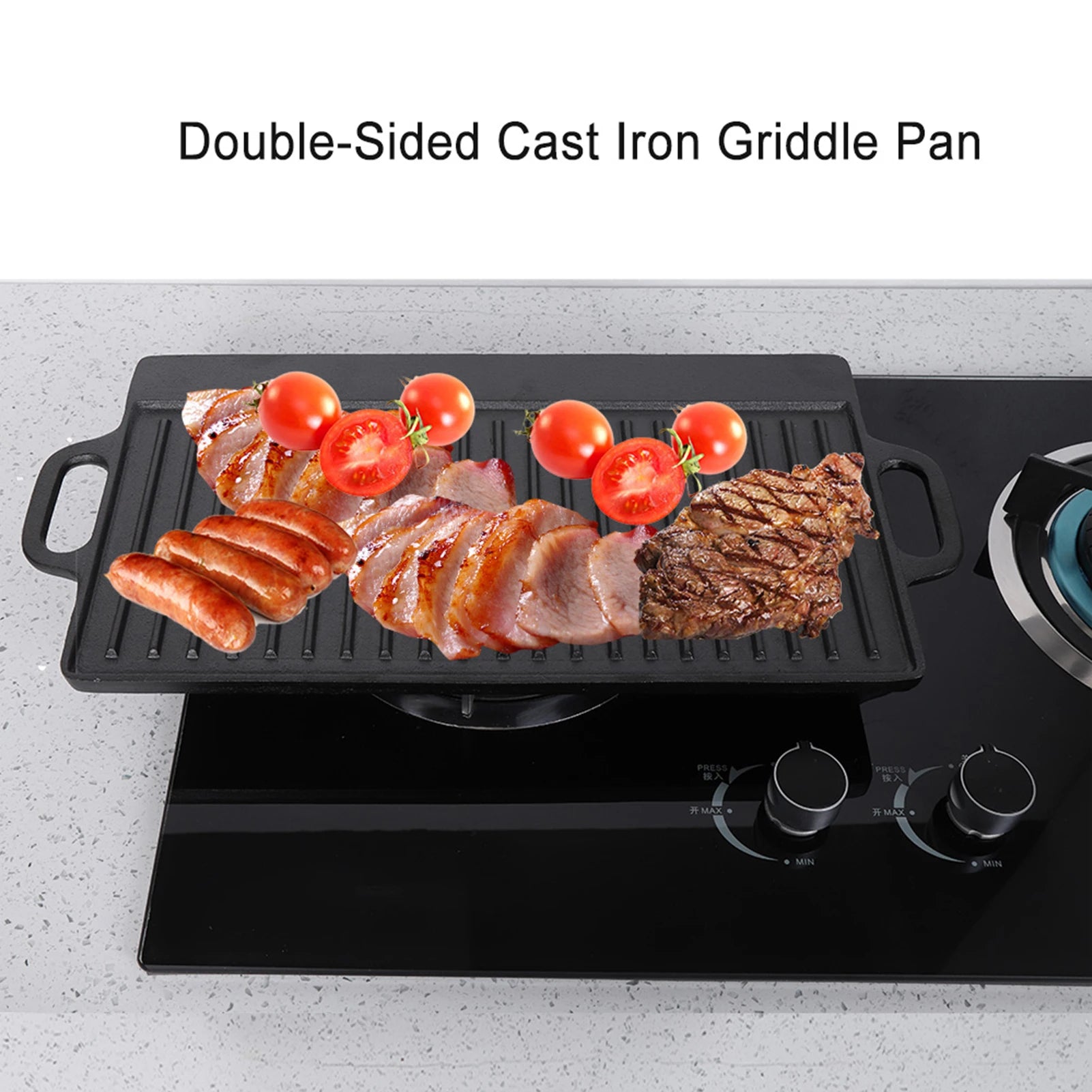 Double-sided cast iron griddle pan with griddled sausages, bacon, steak, and tomatoes on stovetop burners.