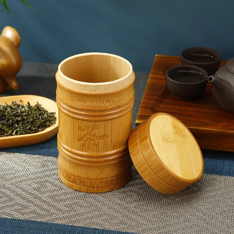 Pure Bamboo Carved Tea Storage Box — Handmade Organizer Canister