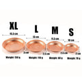 Four pure copper serving plates in XL, L, M, S sizes with hammered finish, displayed with dimensions and weights.
