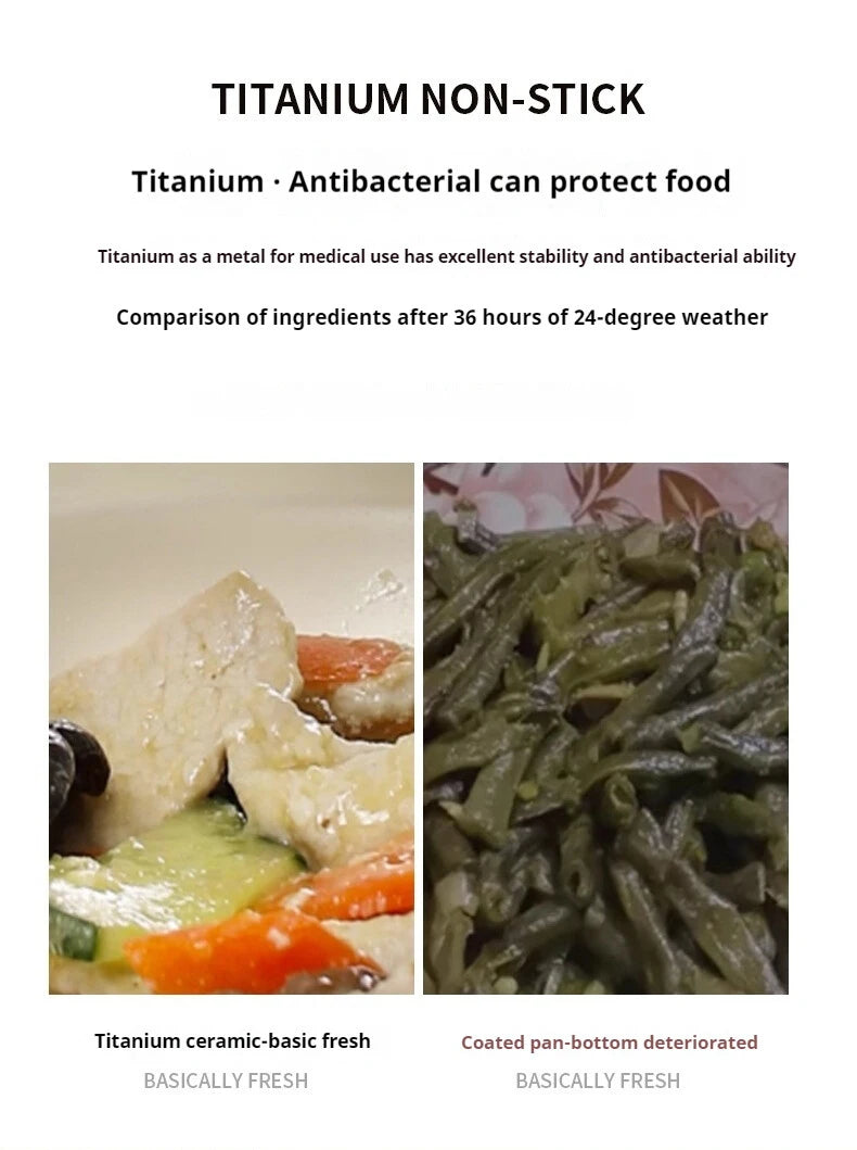 Pure titanium fry pan with naturally non-stick surface, shown with fresh vegetables demonstrating antibacterial food protecti