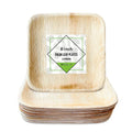 8-inch square palm leaf plates, 25-pack, biodegradable eco-friendly disposable dinnerware with natural wood-grain texture.