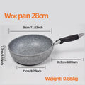 GraniteStone Fusion 28cm wok pan with gray granite non-stick coating, black handle, dimensions and 0.86kg weight displayed.