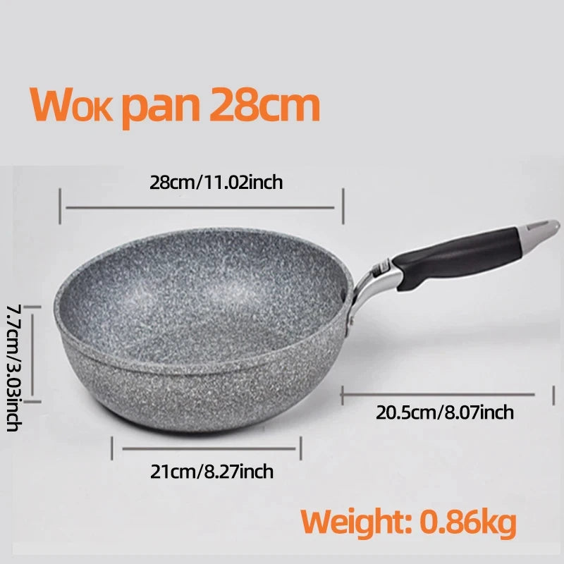 GraniteStone Fusion 28cm wok pan with gray granite non-stick coating, black handle, dimensions and 0.86kg weight displayed.