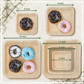 Eco-friendly palm leaf plates in various sizes (6, 8, 10 inch) displaying donuts, showing biodegradable and compostable dinne