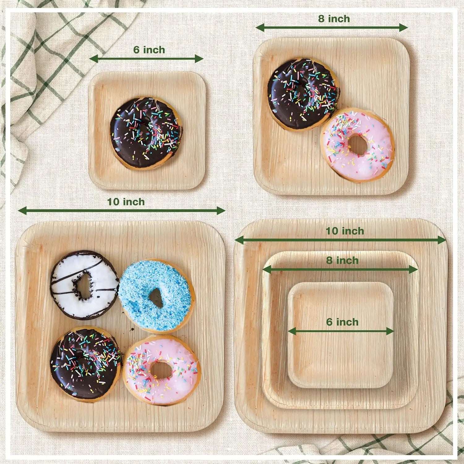 Eco-friendly palm leaf plates in various sizes (6, 8, 10 inch) displaying donuts, showing biodegradable and compostable dinne