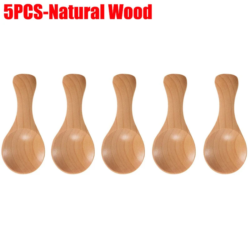5 natural wood mini scoop spoons with rounded bowls and tapered handles, ideal for tea, honey, and coffee
