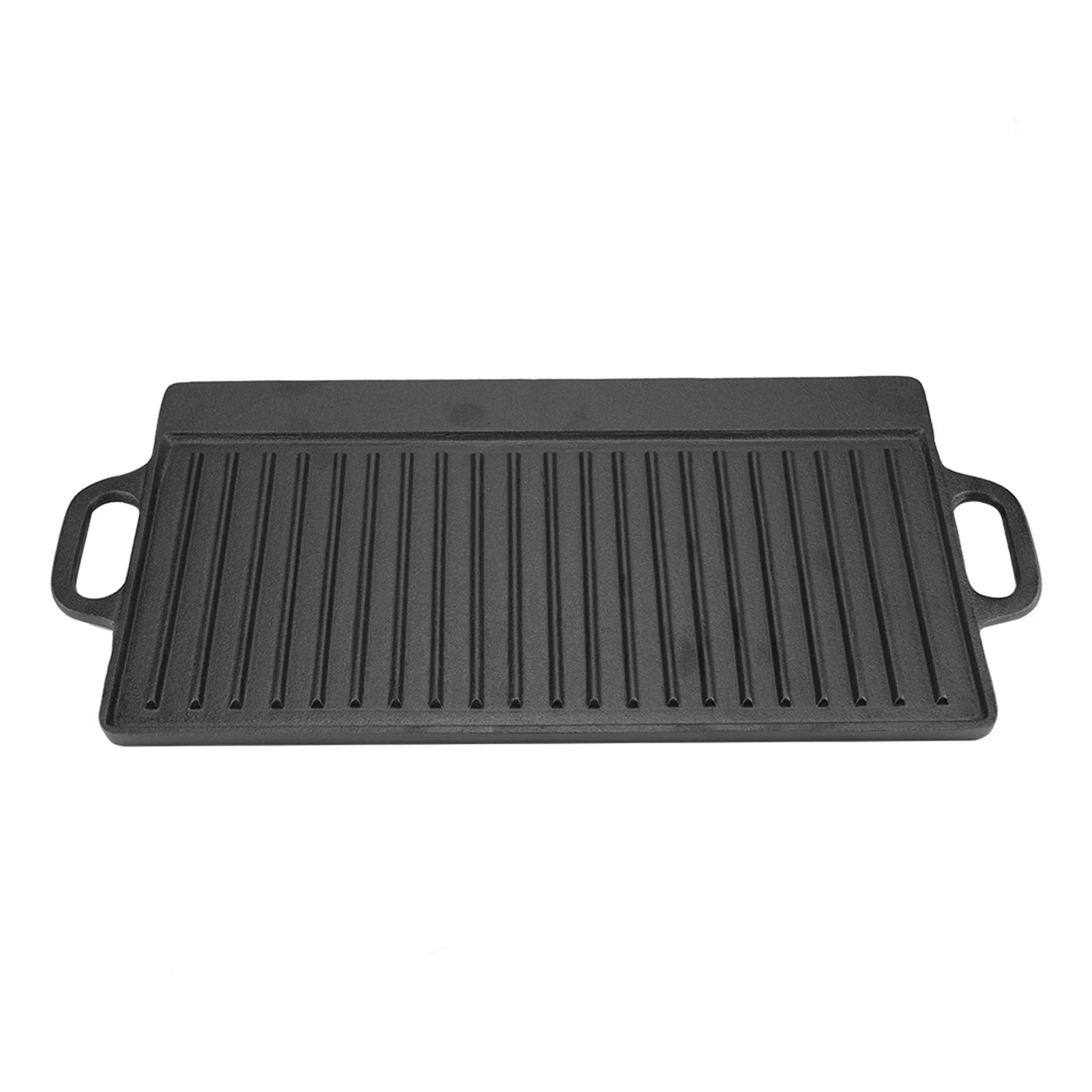 Cast iron dual-sided griddle with ribbed grill surface and sturdy handles for indoor and outdoor cooking.