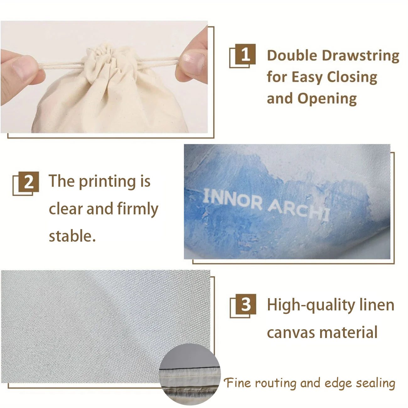 Reusable linen canvas storage bag with double drawstring closure, clear printing, and fine edge sealing for organizing onions