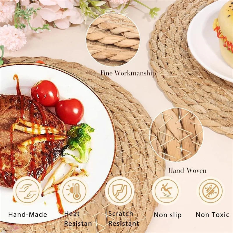 Handwoven rattan round placemat with food styling, highlighting heat-resistant, scratch-resistant, non-slip, non-toxic featur