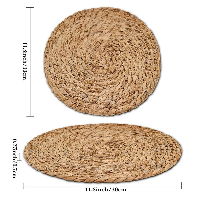 Handwoven rattan round pot mat with heat-resistant natural fiber, displayed with plated steak and vegetables on white ceramic