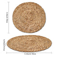 Handwoven rattan pot mat shown from top and side angles, displaying circular heat-resistant placemat with natural woven textu