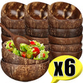 Set of 6 handcrafted coconut shell serving bowls with wooden spoon, filled with fresh salad and vegetables