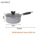 20CM Medical Stone Milk Pot with glass lid, black handle, gray speckled non-stick surface, dimensions shown.
