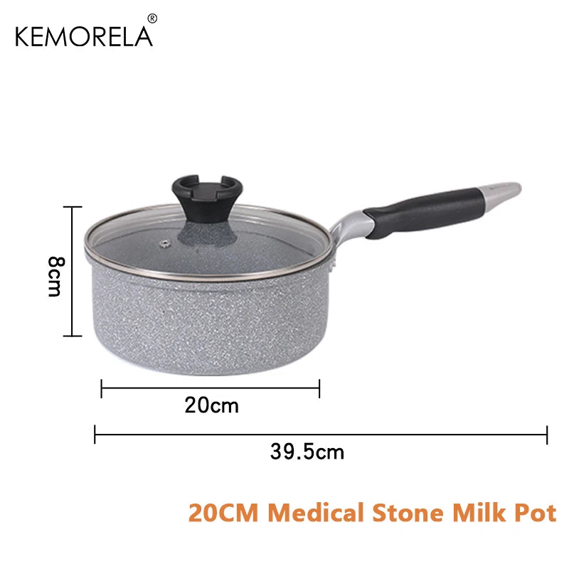 20CM Medical Stone Milk Pot with glass lid, black handle, gray speckled non-stick surface, dimensions shown.