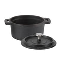 Cast iron Dutch oven pot with lid and stainless steel handle, dark textured finish, two side handles for cooking and serving.