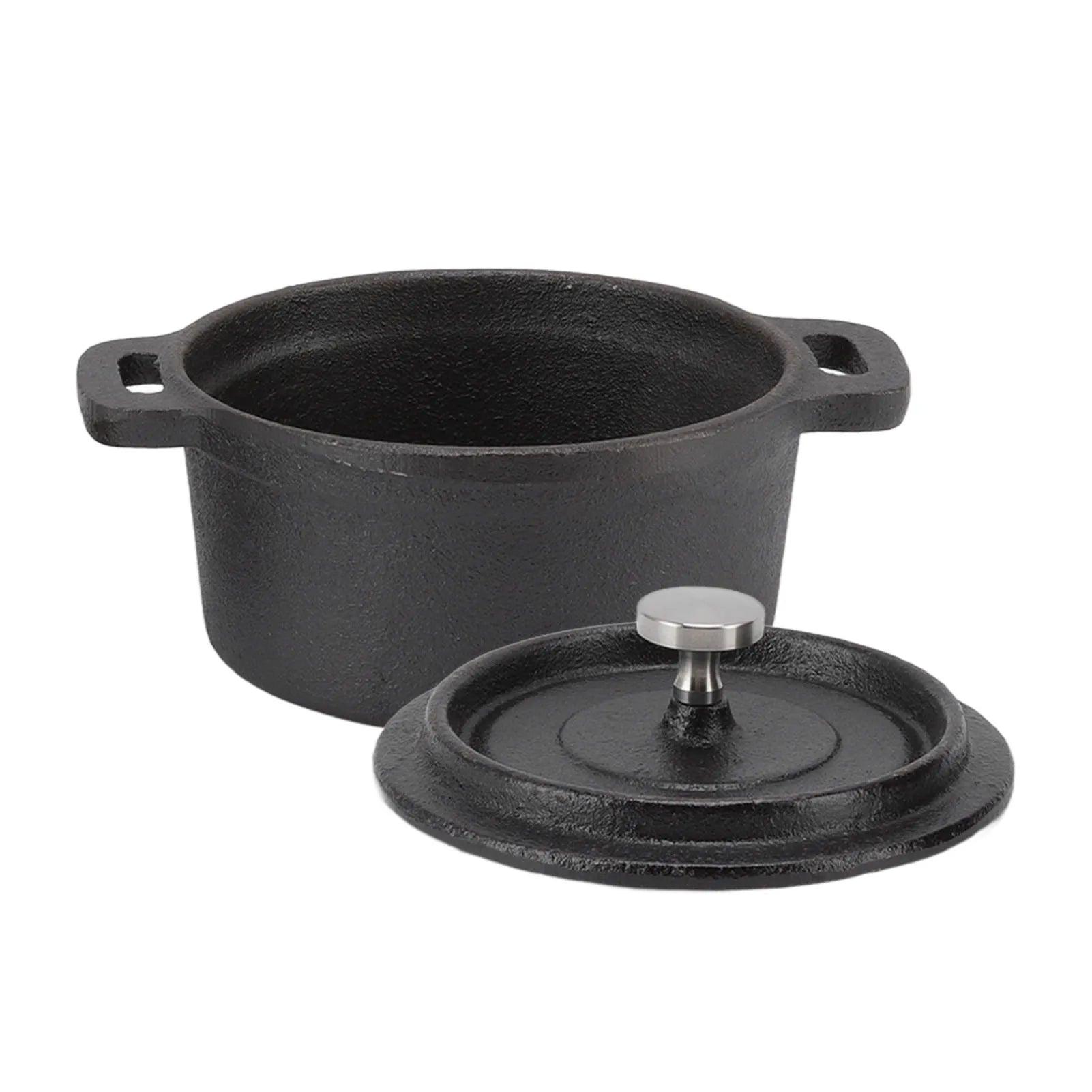 Cast iron Dutch oven pot with lid and stainless steel handle, dark textured finish, two side handles for cooking and serving.