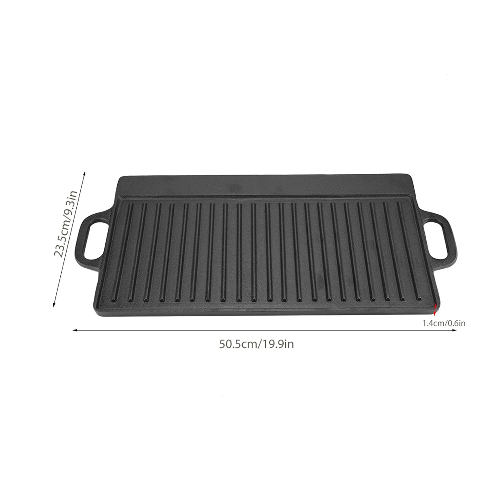 Cast iron dual-sided griddle with ribbed grill surface, dual handles, dimensions 50.5cm x 23.5cm, black finish for indoor and