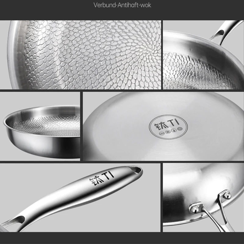 Pure titanium fry pan with hexagonal textured surface, stainless steel handle, and branded base. Non-coated, naturally non-st