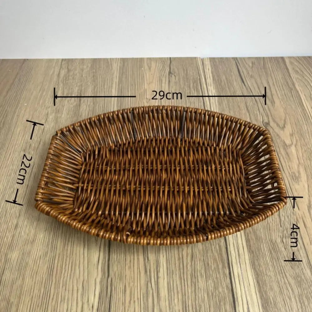 Hand-woven rattan bread basket with dimensions marked: 29cm length, 22cm width, 4cm height, displayed on wooden surface.