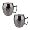 Two hammered stainless steel insulated mugs with black handles and polished rim detail, shown against white background.