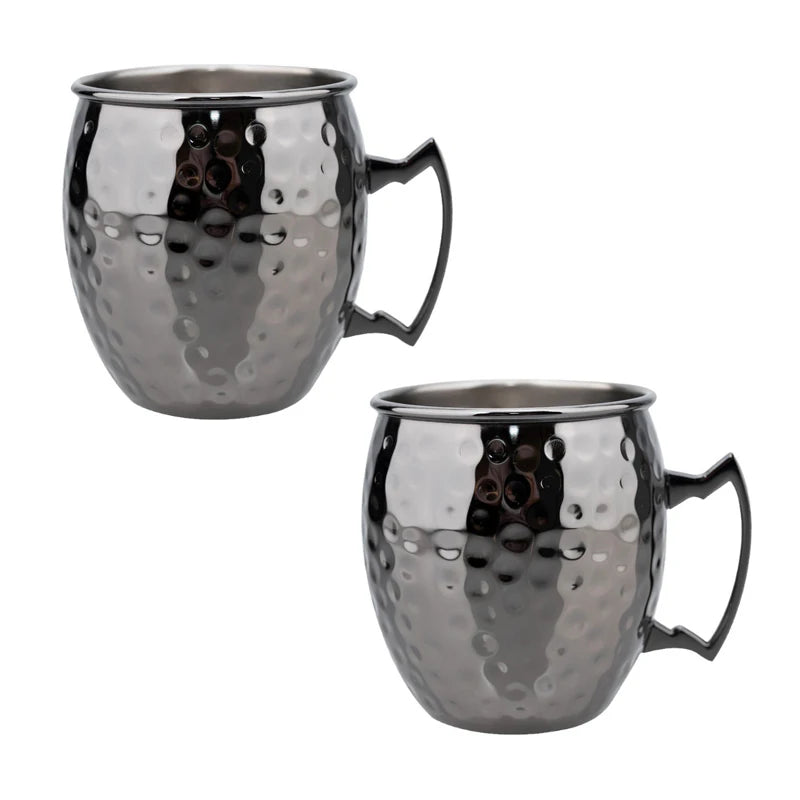 Two hammered stainless steel insulated mugs with black handles and polished rim detail, shown against white background.
