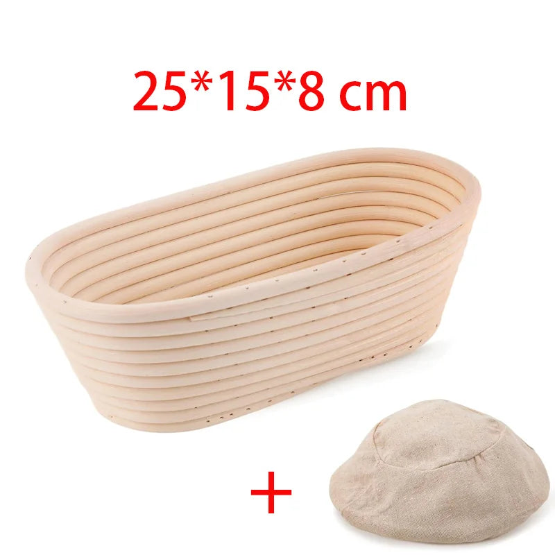 Natural rattan bread proofing basket with cloth liner, 25x15x8cm oval banneton for sourdough and artisan bread baking.