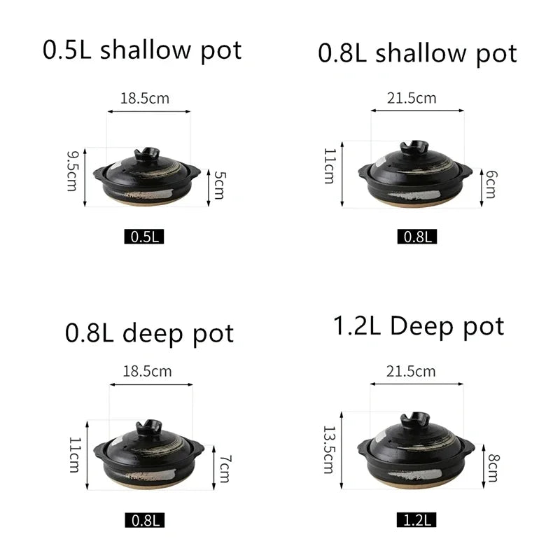 Four earthenware clay casserole pots in varying sizes: 0.5L shallow, 0.8L shallow, 0.8L deep, and 1.2L deep with lids and han