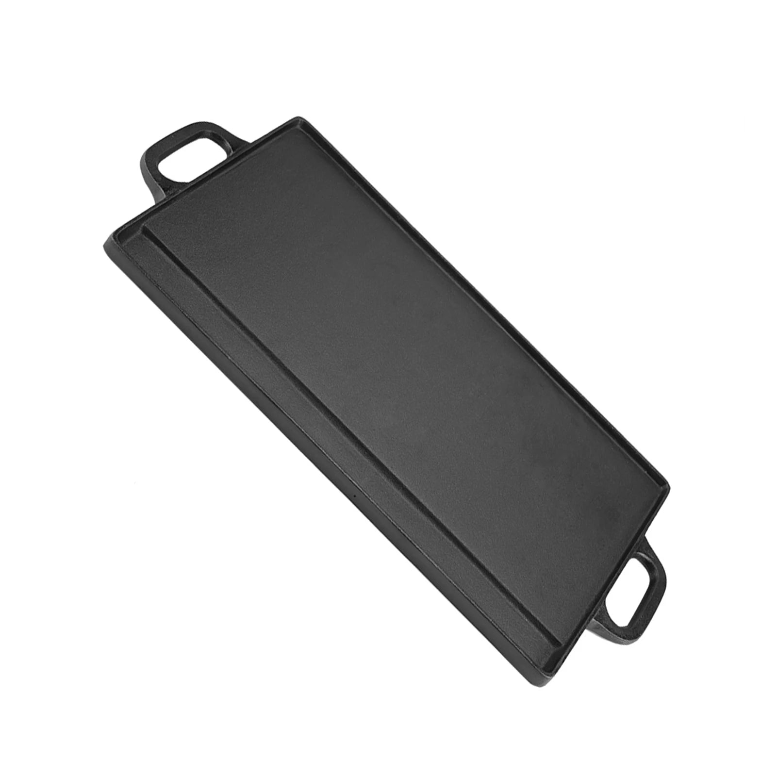 Black cast iron dual-sided griddle with handles, suitable for indoor and outdoor cooking on stovetops and grills.
