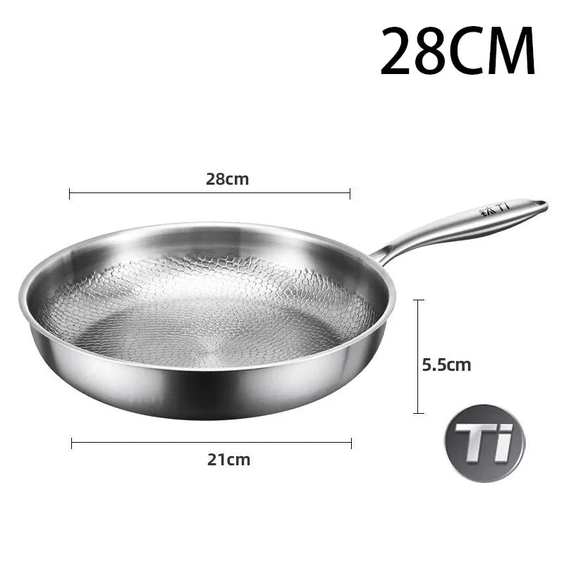Pure titanium fry pan with hammered surface, 28cm total length, 21cm diameter, 5.5cm depth, stainless steel handle.