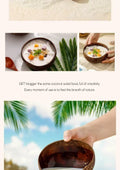 Handcrafted coconut wood bowls filled with creamy dessert, featuring natural wood handles and tropical styling on sandy beach
