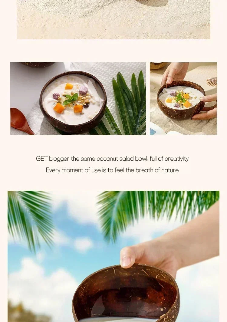 Handcrafted coconut wood bowls filled with creamy dessert, featuring natural wood handles and tropical styling on sandy beach