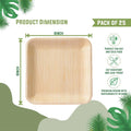 6-inch square palm leaf plates, pack of 25, with dimensions and eco-friendly features highlighted including heat resistance a