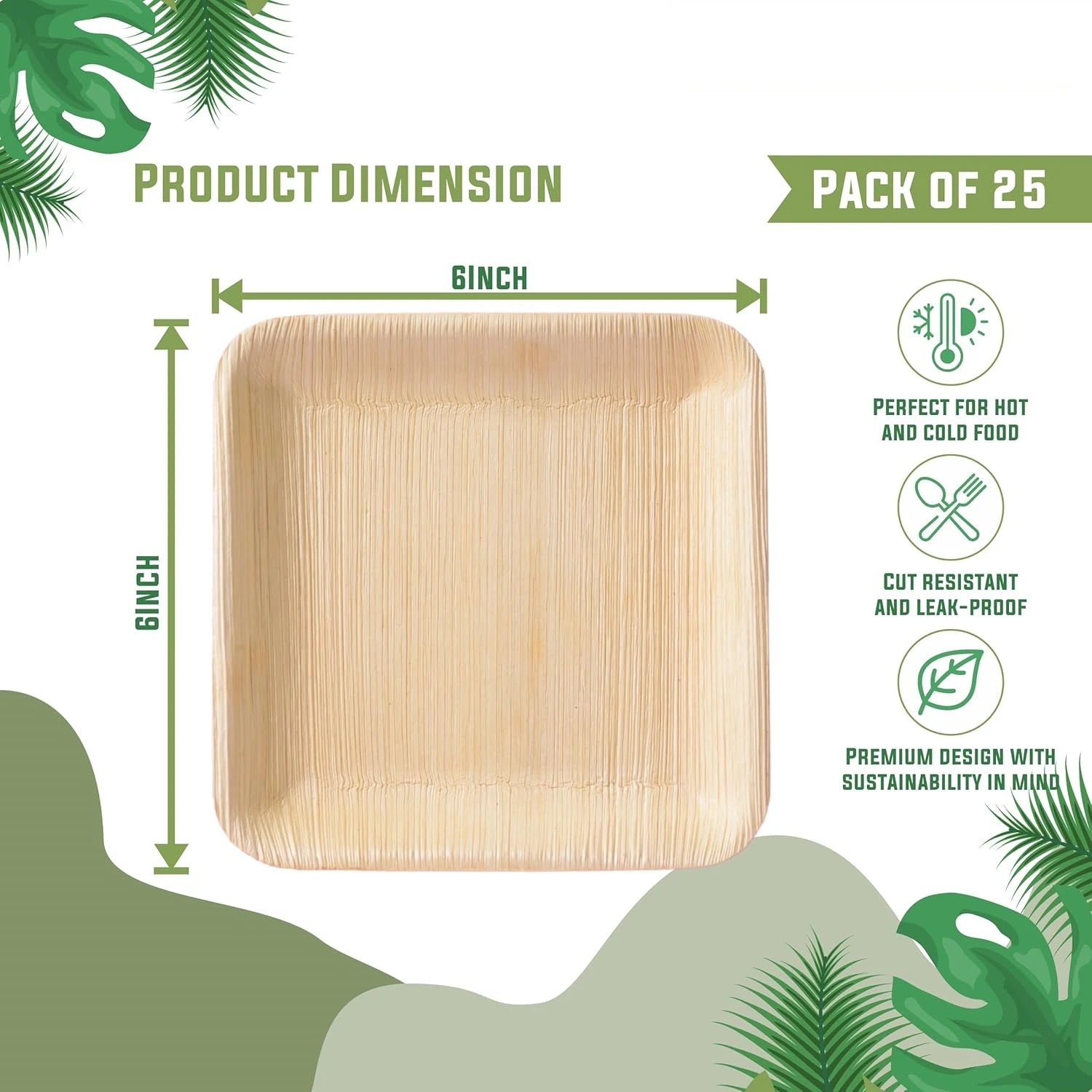 6-inch square palm leaf plates, pack of 25, with dimensions and eco-friendly features highlighted including heat resistance a