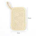 Natural loofah dish scrubber, 11cm x 7cm, with rope loop handle, shown with size measurements on white background.