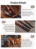 Wooden cutlery set with natural spoon, fork, and chopsticks displayed with woven pouch, hand-polished finish
